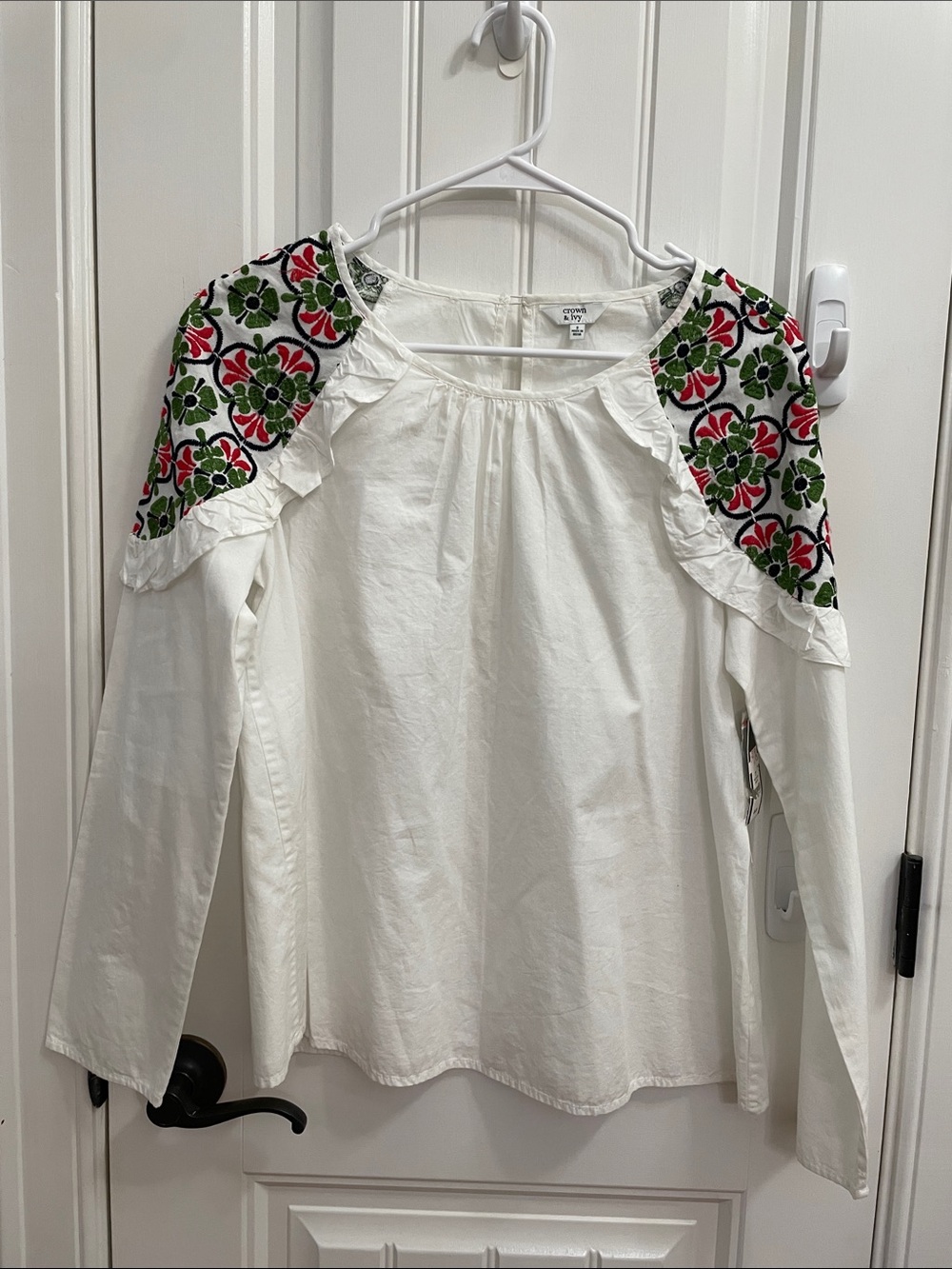 crown & ivy White Blouse with Red and Green Embroidered Shoulders